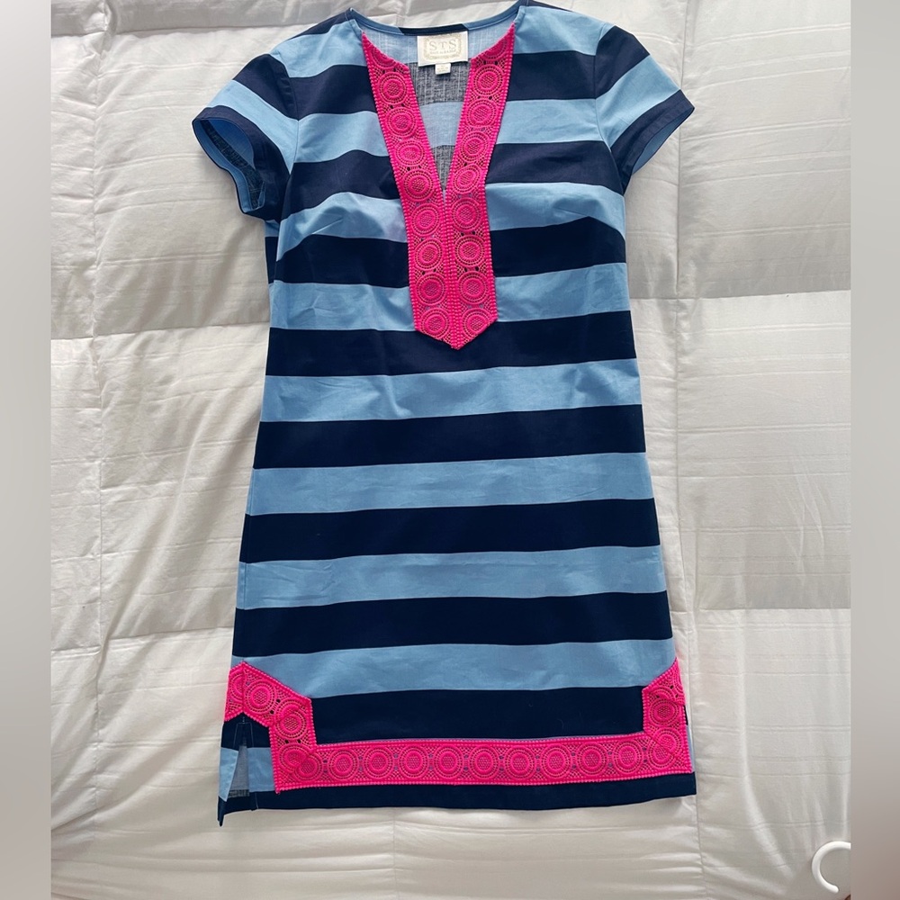 Sail to Sable Navy and Blue Stripe Short Sleeve Tunic Dress XS